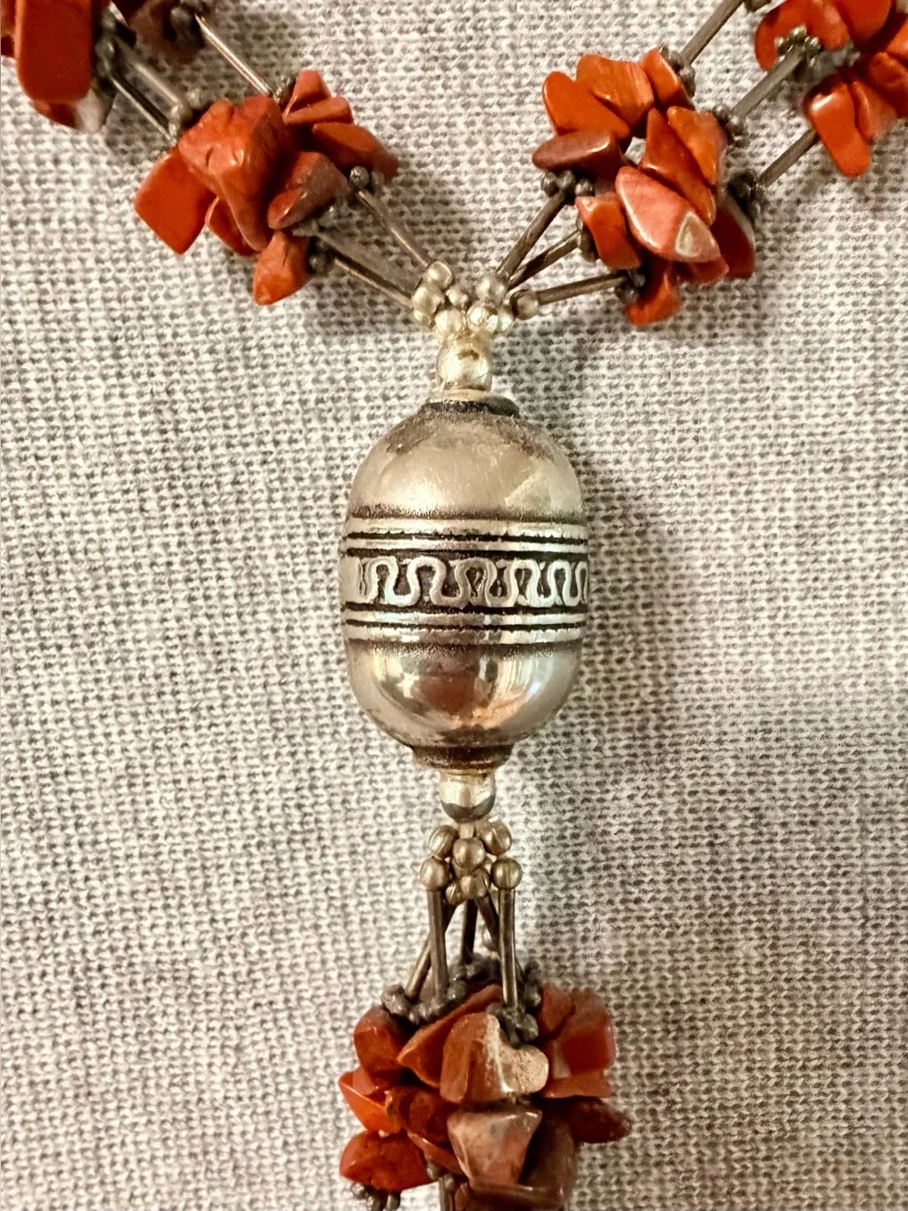 Artisan Orange Chip Bead Silver Tone Tassel Statement Necklace